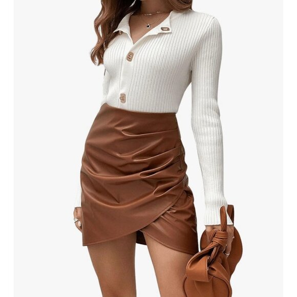 Women's M Brown Bodycon Mid Rise Faux Leather Short Wrap Ruched Skirt Tulip Hem - Picture 6 of 7
